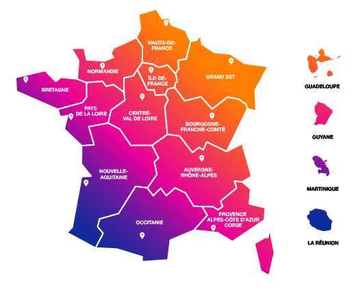 Carte de France des 12 Directions r&eacute;gionales d'OPCO 2i
